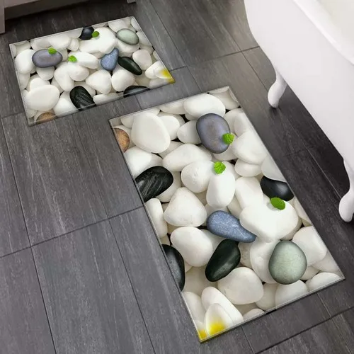 Else Carpet Else Black White Pebbles 2'li Toilet Seat Pad Bath Mat Set Mat