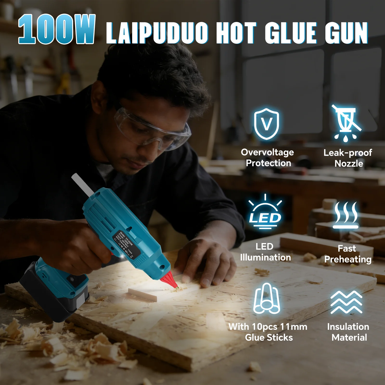 100W Cordless Hot Glue Gun Handheld Electric Power Glue Gun DIY Crafts with 10pcs 11mm Glue Sticks for Makita 18V Battery Pin
