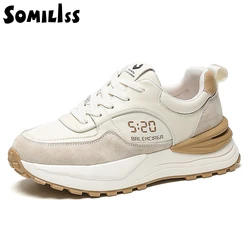 SOMILISS Genuine Leather Sneaker Women Suede Patchwork Mixed Colors Lace-Up Round Toe Shoes Breathable Lady Flats Casual Sneaker