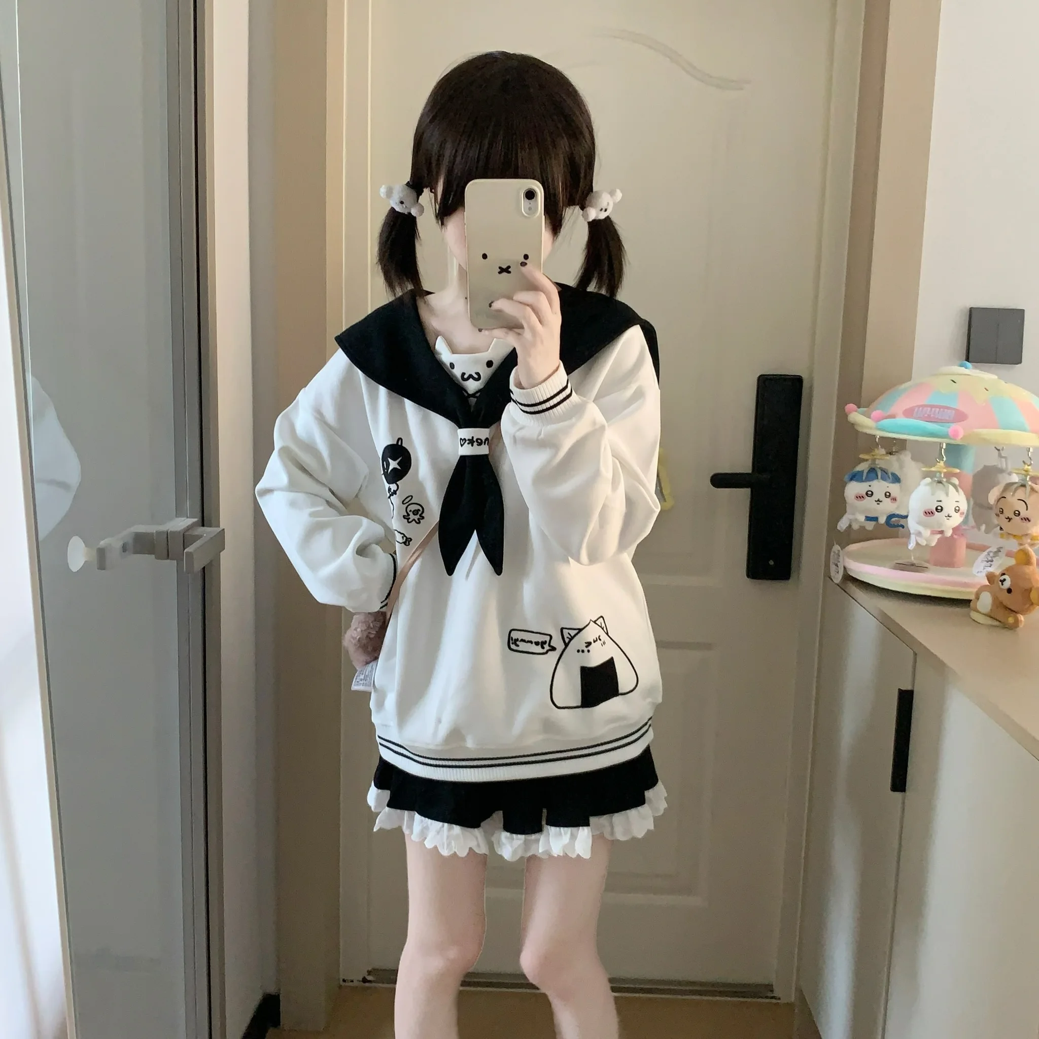 Navy Collar Soft Girl Color Block Cat Embroidery Sweatshirt Women Autumn New Loose Pullover College Style Japanese Sports Shirt