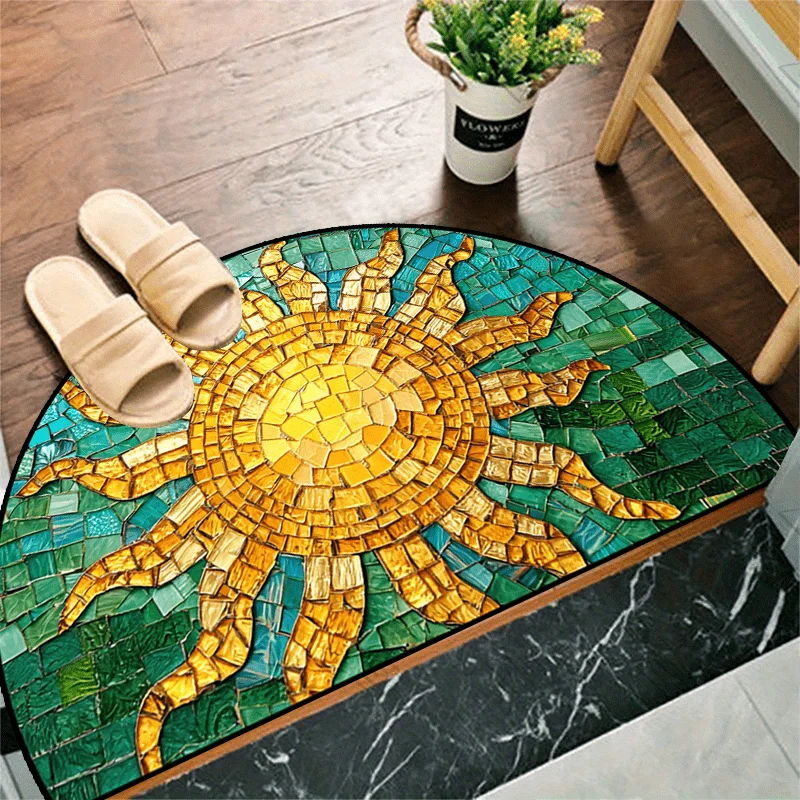 Elegant Stained Glass Sun Print Semi-Round Entrance Mat Washable Non-Skid Floor Rug for Living Room Bedroom