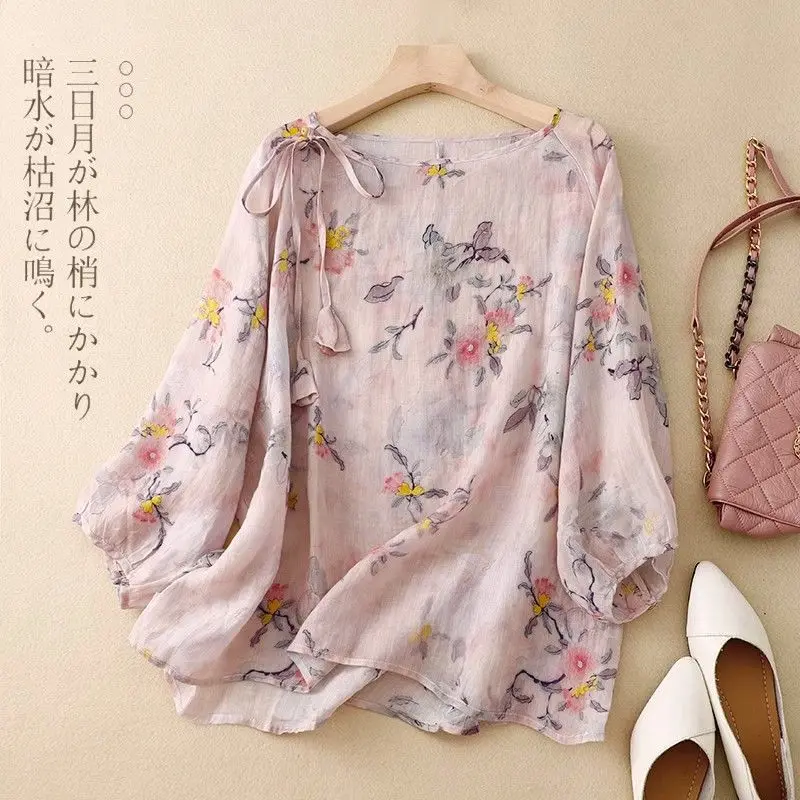 

Summer New Arrival Doll Print Shirt Round Neck Tie Loose Fit Pullover Top