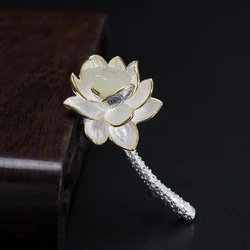 Original New in Natural Hotan Jade lotus broches for women high-end luxury retro pin ethnic style wedding 925 silver jewelry