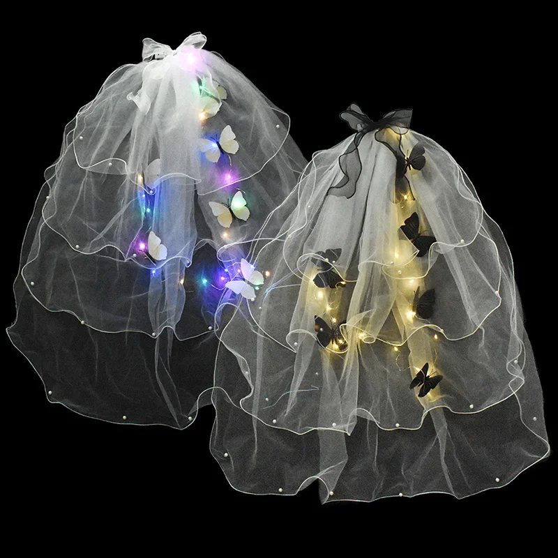 

Flashing Veil Luminous Lace Wedding Bridal Cosplay Costume Hair Accessories Colorful Light Butterfly Layered Lace Veil Headband