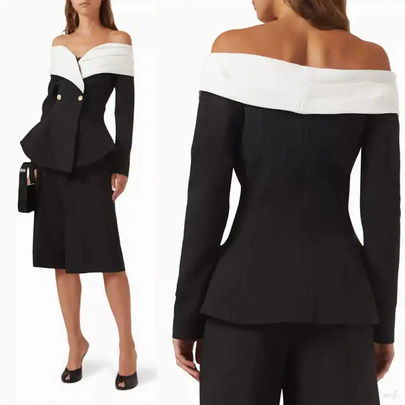 

Customized Fashion Women Suit 2 Piece Jacket Pants Off Shoulder Birthday Party Wedding Women Wear Office ﻿