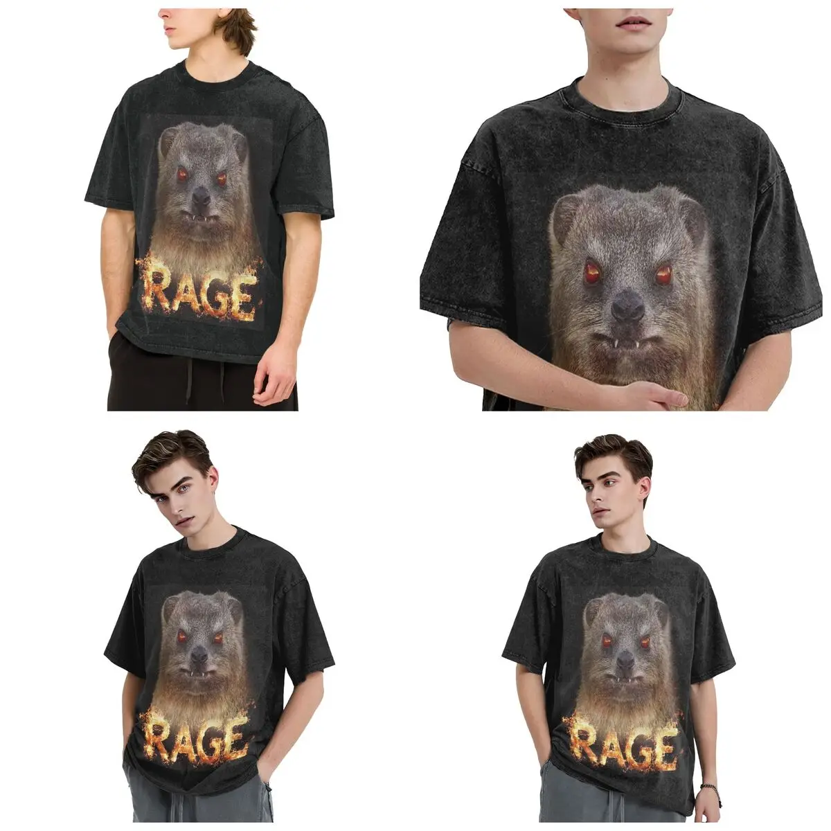Rage Rock Hyrax In Flames Hip Hop Short Sleeve T-Shirts Washed Tops Tees Streetwear T Shirt Cotton for Men Women