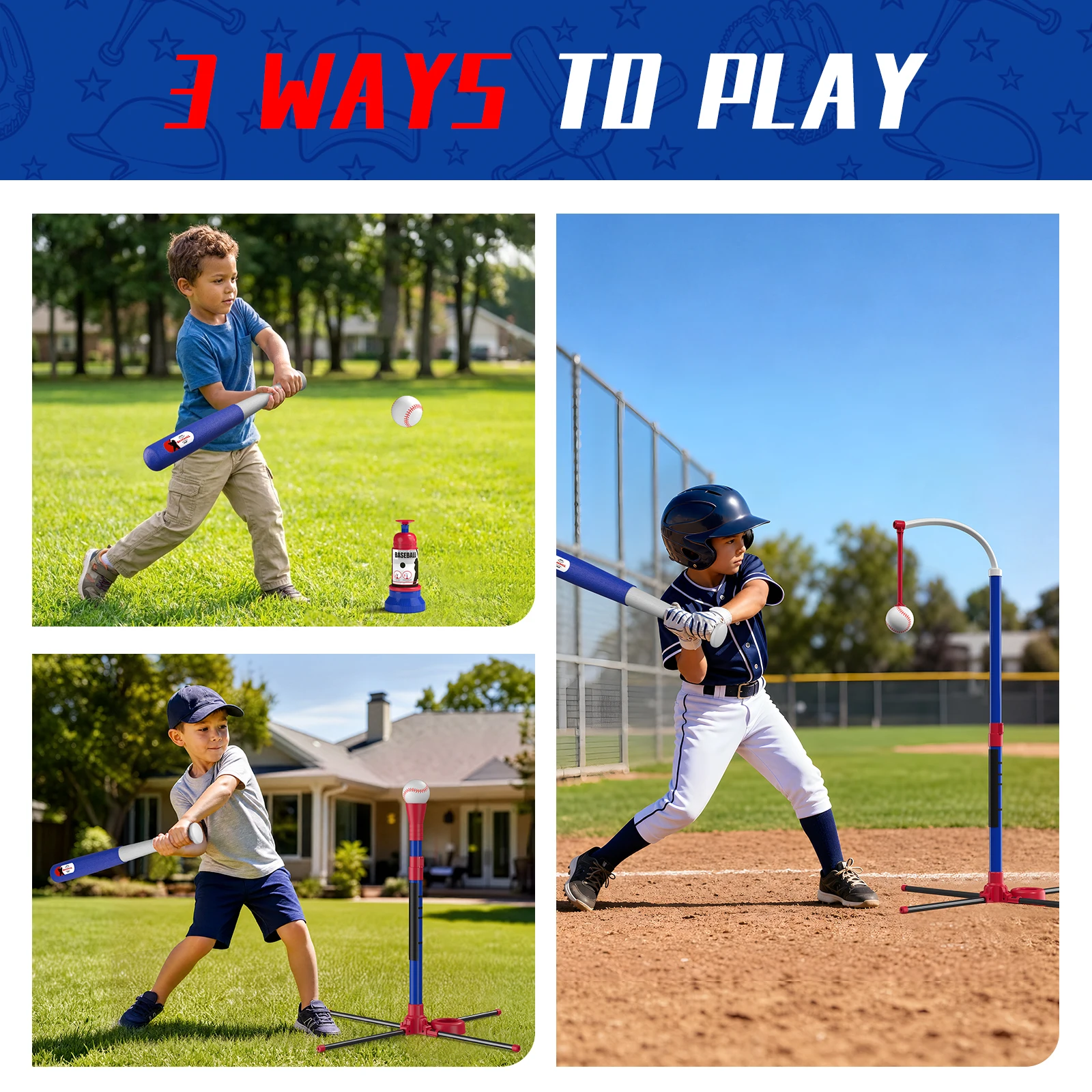 3-in-1 Baseball Set for Kids with Auto Pitching Machine | Tee Ball Stand, Hanging Tee, Ball Launcher and 6 Softballs - Adjustable Height, Indoor/Outdoor Sport Gifts for Boys Girls