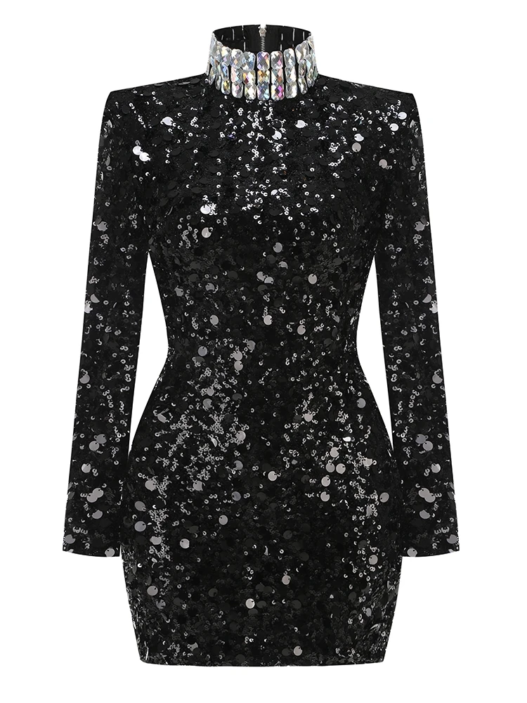 Sexy Turtleneck Shiny Crystal Sequins Dress Women Sliver Long Sleeve Sparkly  Diamonds Mini Bodycon Dresses Evening Party Gowns - AliExpress 200000345