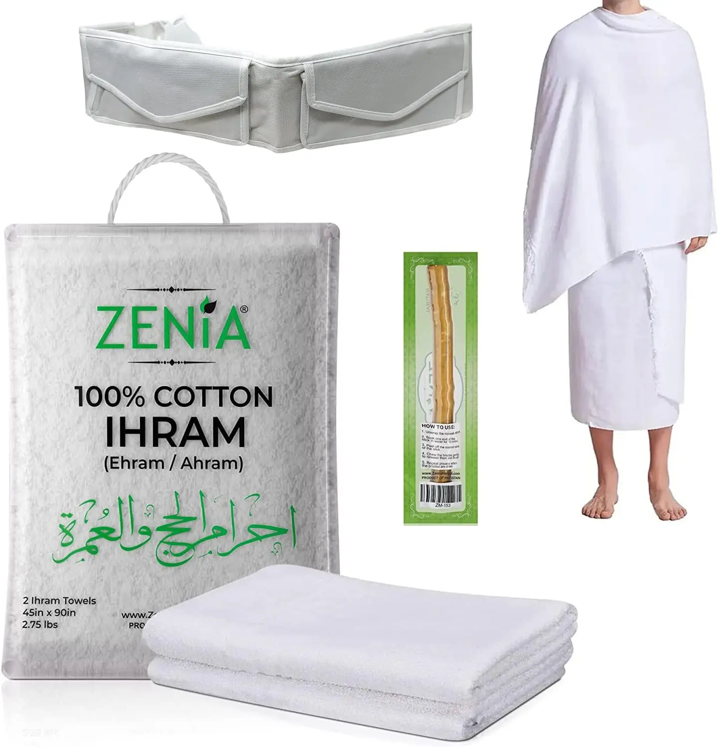 

Натуральное гигиеничное полотенце из 100% хлопка для Ихрама (Хадж и Умра) - легкое, прочное, 45x90 дюймов, с регулируемым поясом и бесплатным мисваком