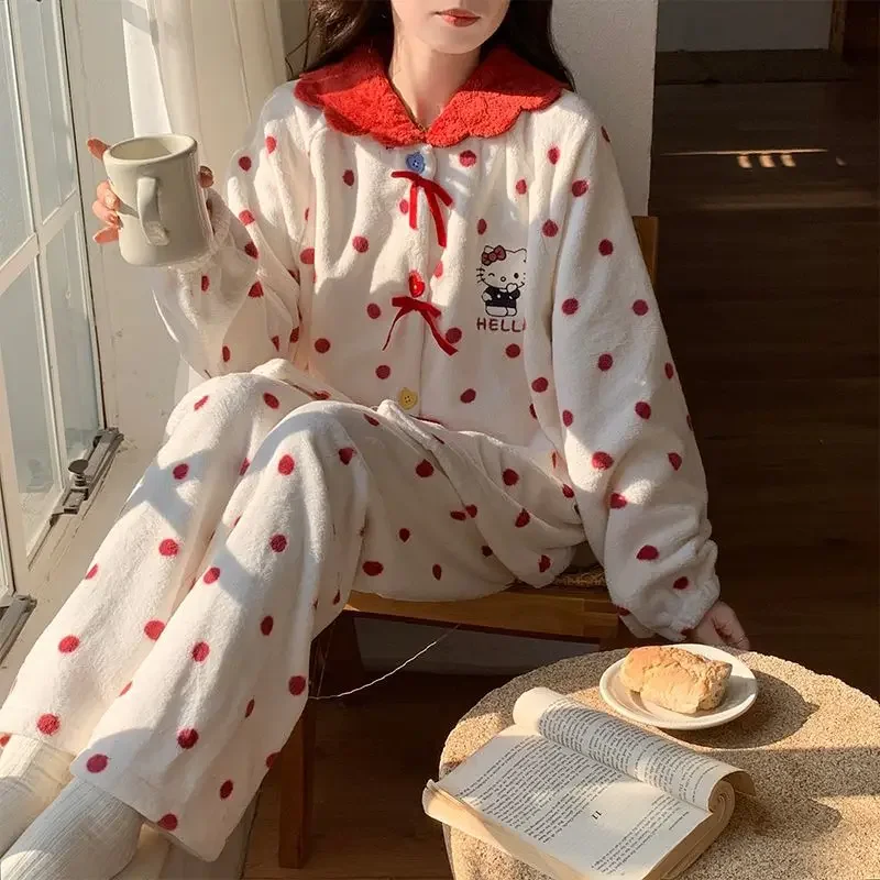 

Популярные кавайные бархатные пижамы Hello Kitty кораллового цвета, пижамы для девочек, осень-зима, утепленные милые топы с героями мультфильмов, повседневная одежда, комплект домашней одежды