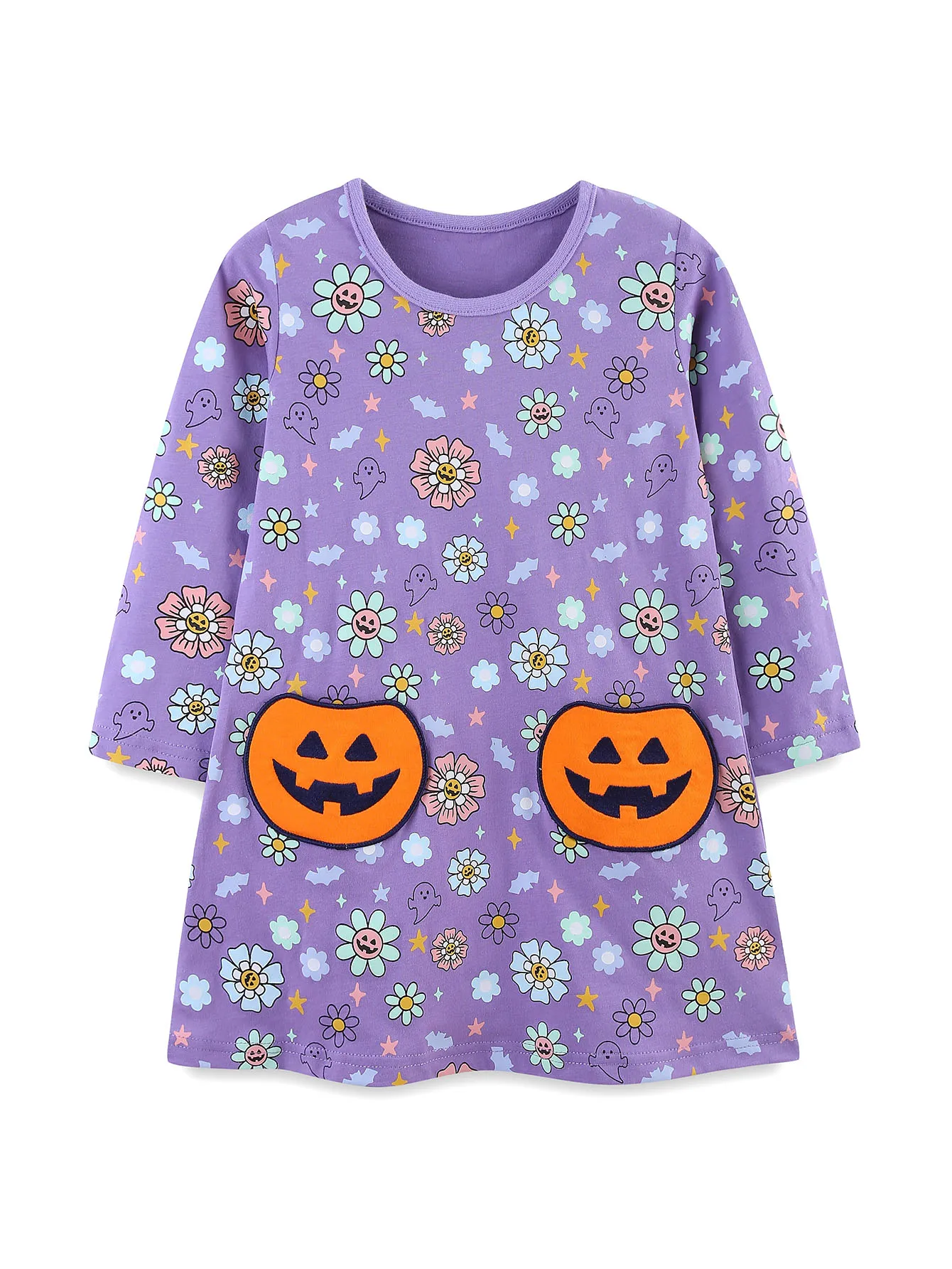 TUONXYE Halloween-Kleid aus Baumwolle für Babys, langärmelig, lila, mit Blumenmuster, Geister-Motiv, Kleinkind-Kleid, Kürbis-Patches, lässiges Party-Outfit – Detail 2