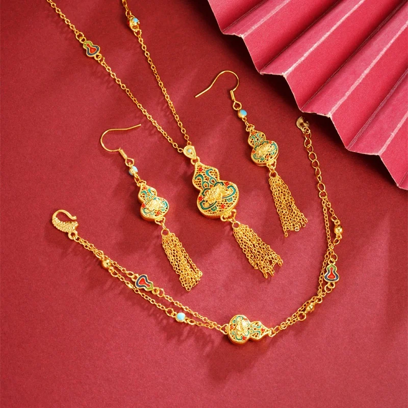 QEENKISS Gold Calabash Necklace+Bracelet+Earrings For Women Wedding Party Birthday Christmas Bride Mother Girl Lady Gifts JS577