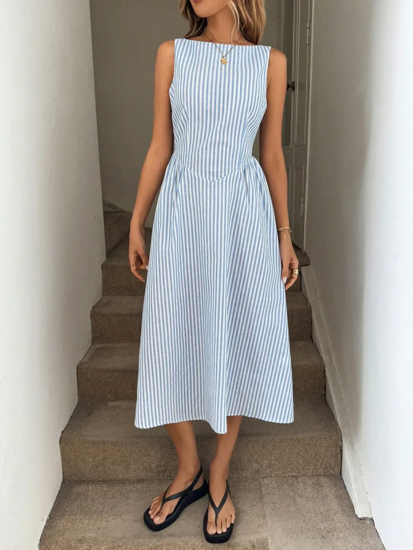 Neues Y2K Sommer-Urlaubskleid aus Leinen für Damen, ärmellos, vertikal gestreift, hohe Taille, A-Linie, Midi, lässiges Swing-Kleid mit Taschen – Detail 14