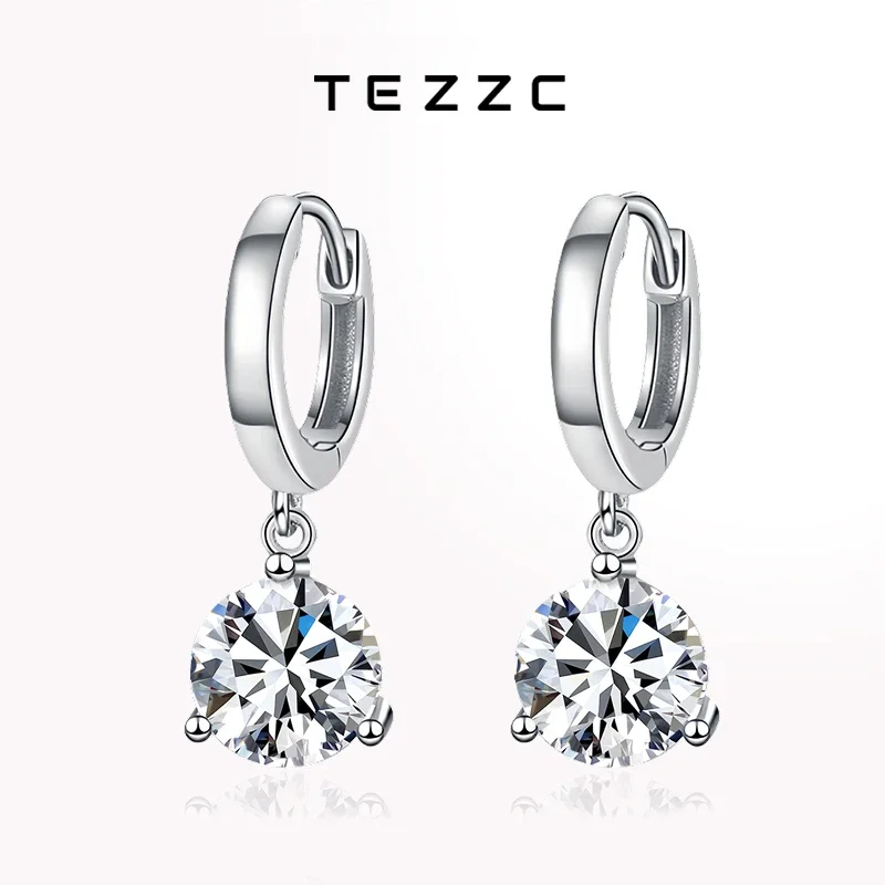 Tezzc 1CT 2CT Moissanite Drop Earring Trendy Earrings 2024 925 Silver with Gold Plated Dangle Hoops Earrings for Women Girls