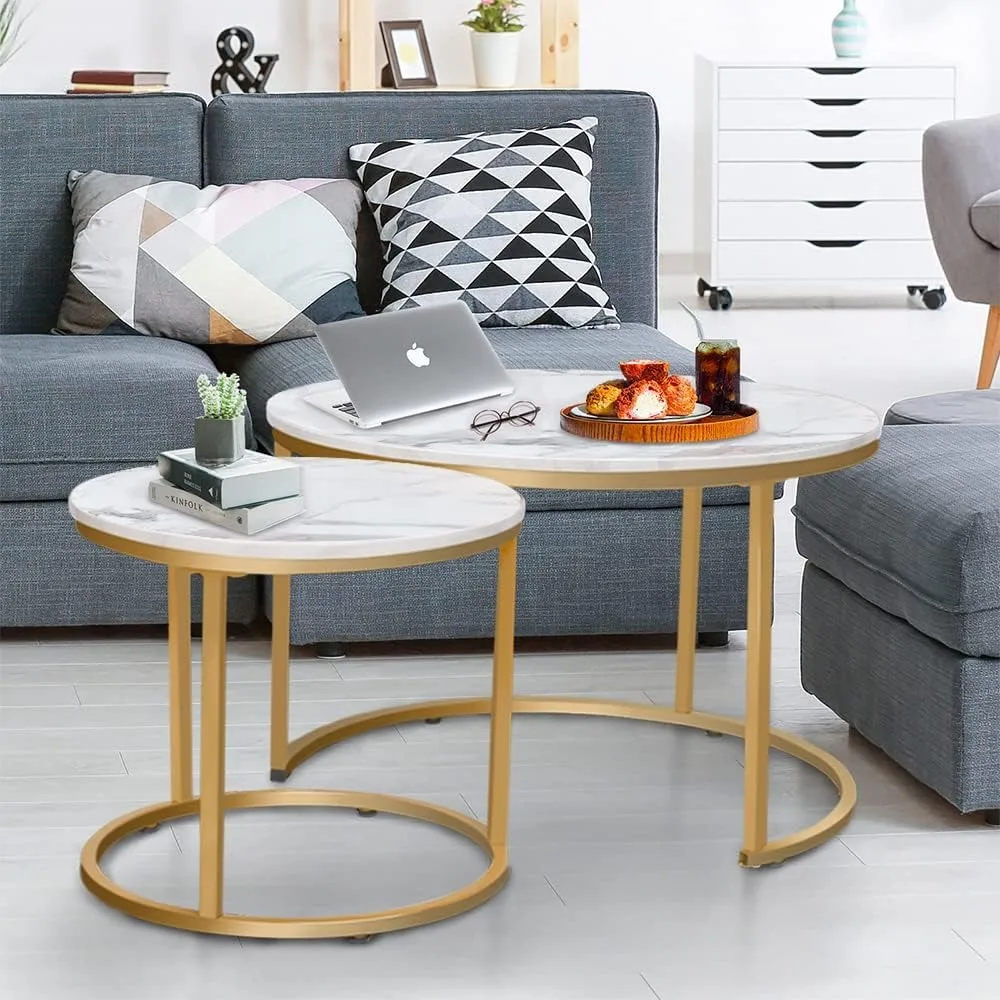 Coffee Table Nesting White Set of 2 Side Set Golden Frame Circular Round and Marble Pattern Wooden Tables, Simple Nightstand