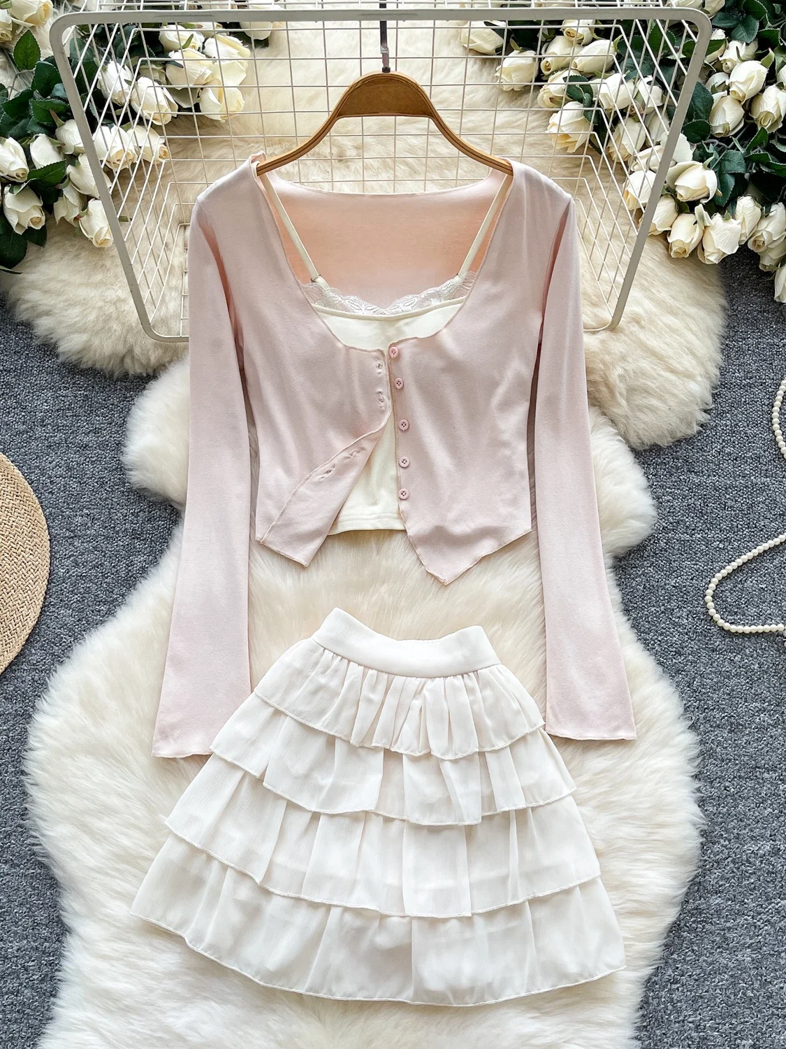 

Милая и пряная кружевная майка для девочек, тонкий длинный открытый кардиган Sve, топ с высокой талией, юбка-тортик, комплект футболок