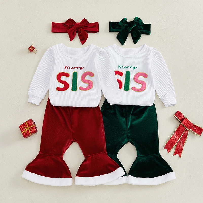 Baby Girl Christmas Outfits 0-18M Long Sleeve Romper with Velvet Flare Pants Headband Set Newborn Clothes