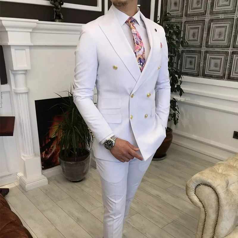 

Double Breasted White Men Suits with Peaked Lapel Slim Fit 2 Piece Wedding Tuxedo Male Fashion Prom Costume Jacket Pants