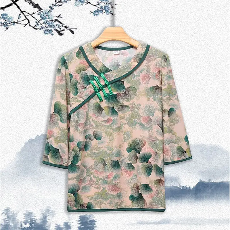 

Новая одежда для мам в китайском стиле, рукав три четверти, ледяной шелк, женская свободная верхняя рубашка большого размера для среднего и пожилого возраста с принтом