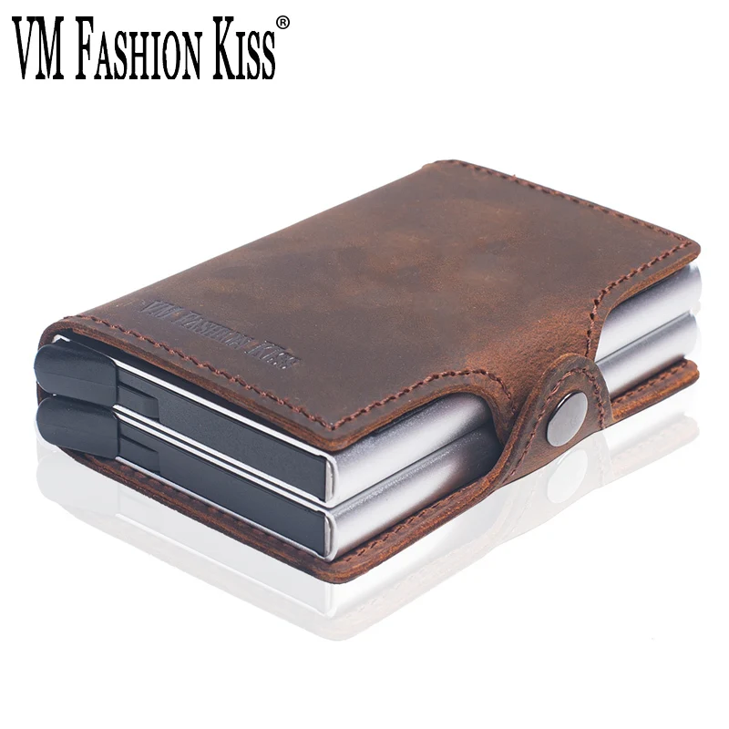 VM FASHION KISS Crazy Horse Leather Mini RFID Wallet Security Information Double Box Porte Carte Titular do cartão de crédito Metal Purse