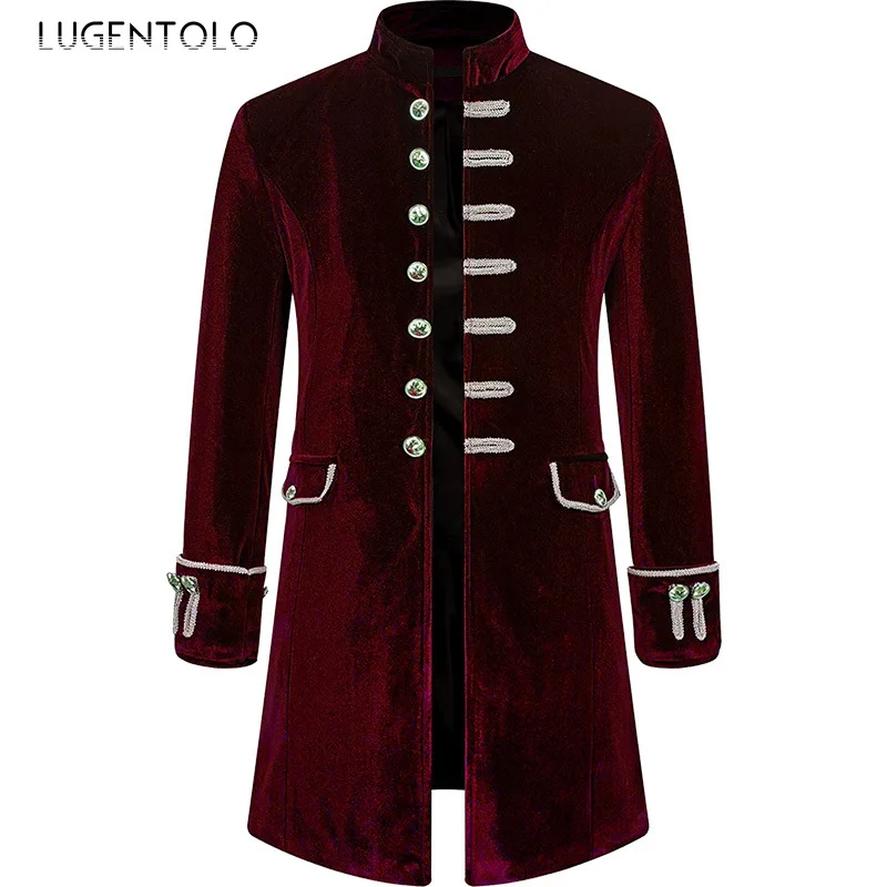 Men Steampunk Coat Fashion Party Medieval Vintage Velvet Uniform Stand Collar Men's Gothic Jacket Single-breasted Solid Trench