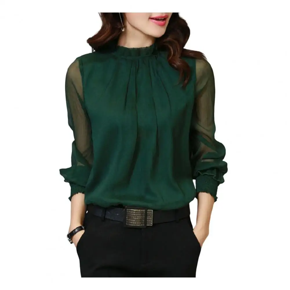 

Popular Perspective Lightweight Elegant Ruffle Collar Solid Color Chiffon Shirt Colorfast Women Shirt Daily Clothing