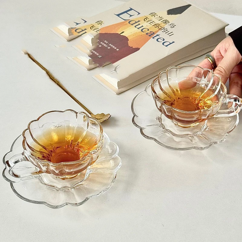 100ml Glass Coffee Cup Plate Set Palace Style Afternoon Tea Small Cups High Beauty Dessert Cup Dim Sum Dish Sets with Spoon