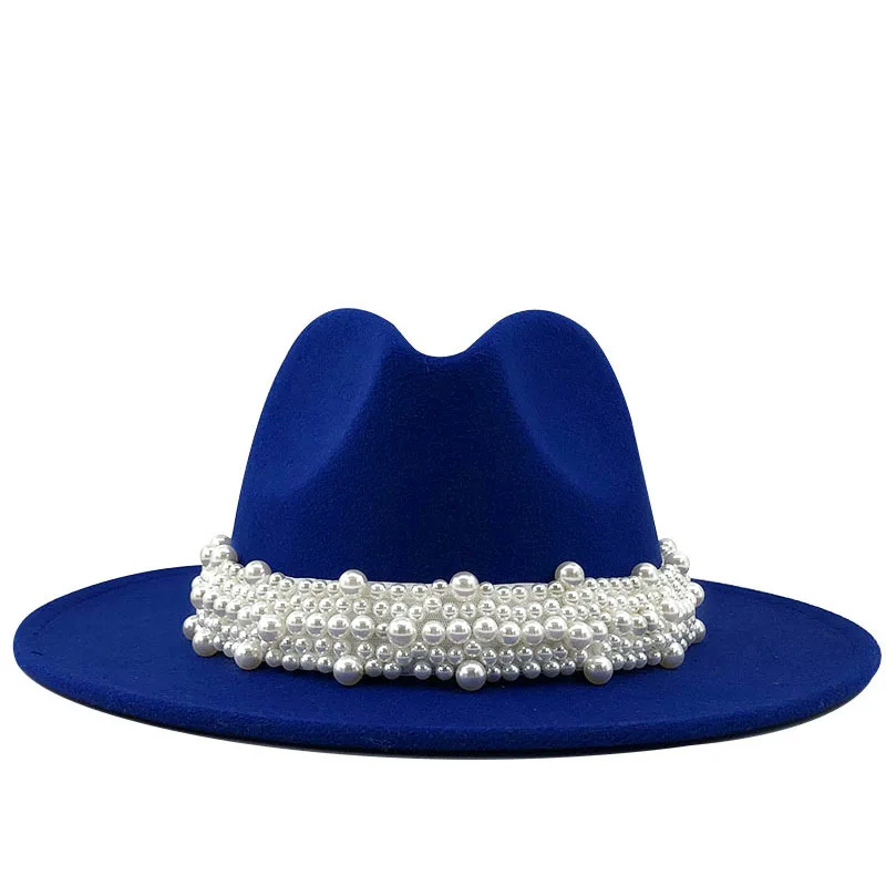 

British Style solid color Fashion Elegant Fedora Hat With Pearl Wide-Brimmed western Jazy caps Women's 100% Wool Top Hats