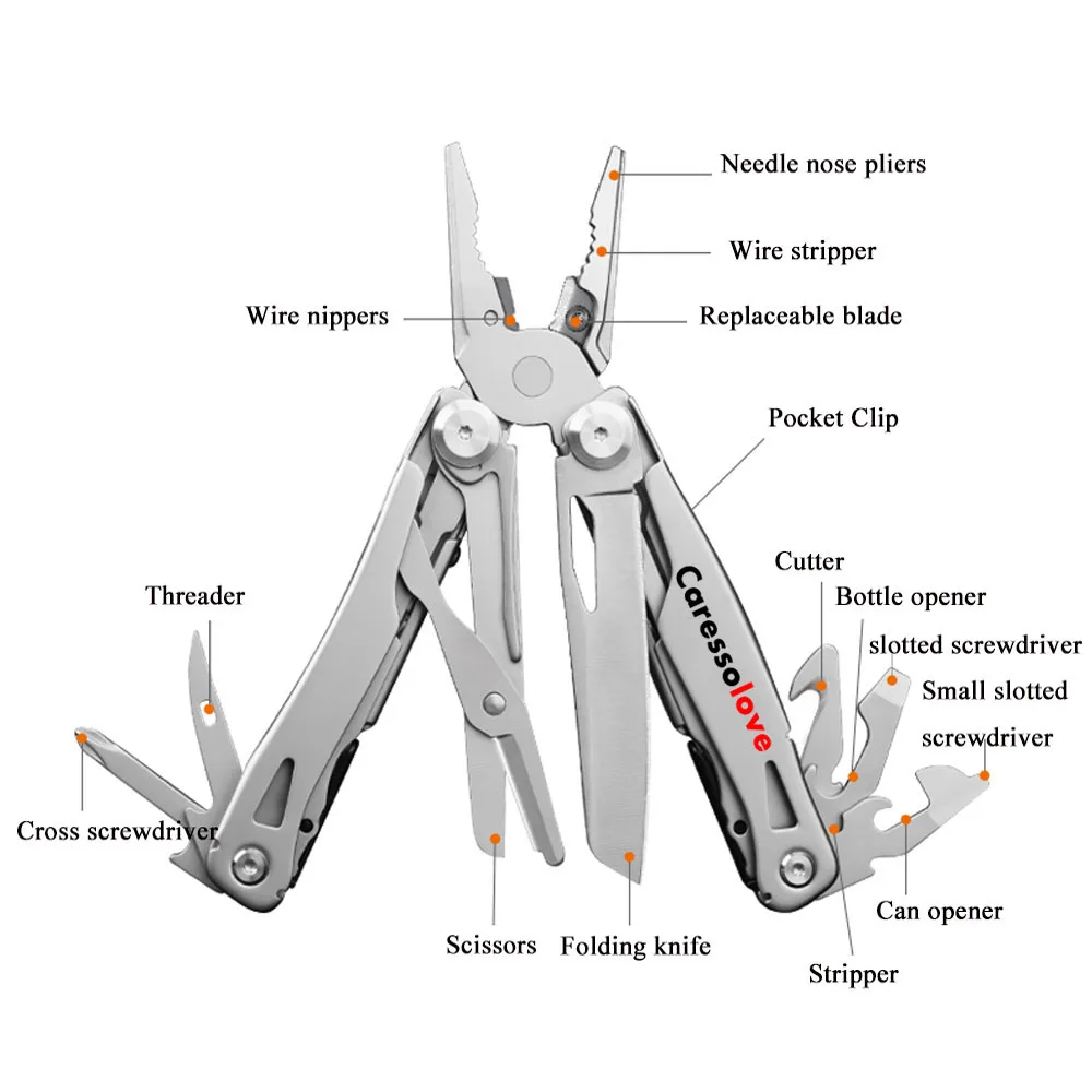 Caressolove Multifunctional Folding Knife Pliers Scissors 16-in-1 Multitools Survival Gadgets Camping Emergency EDC Tools