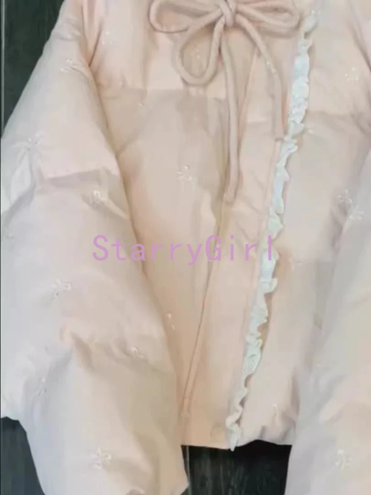 اليابانية الحلو الدافئة الوقوف طوق معطف الوردي المرأة الجديدة الدانتيل خياطة تصميم Kawaii القطن وسادة مبطنة موضة جديدة الملابس ضئيلة #6