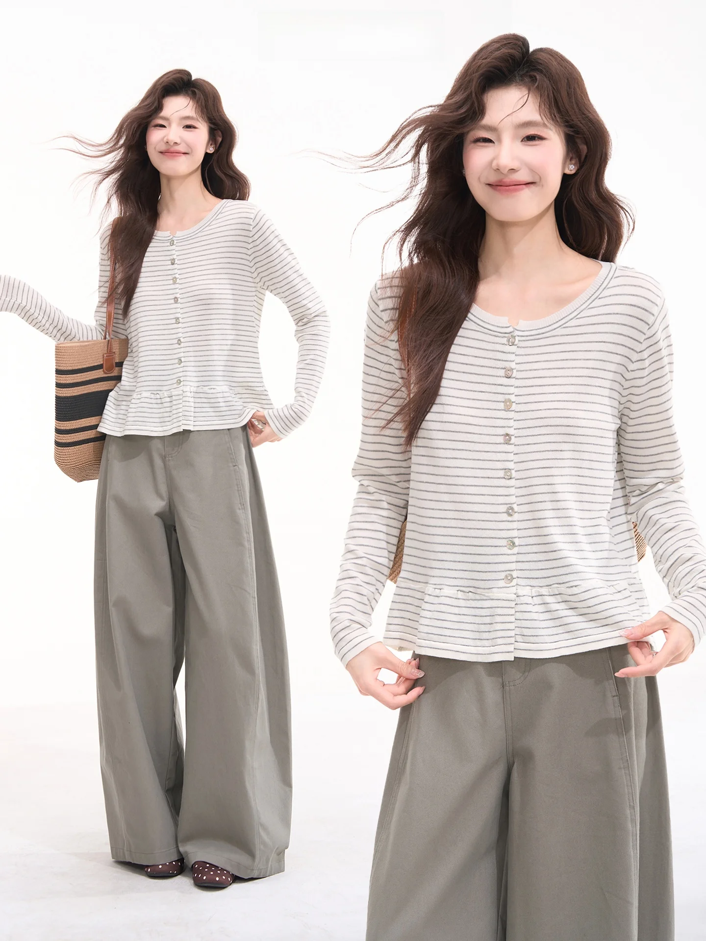 

Летний женский вязаный кардиган с длинным рукавом, повседневный стиль, хлопковая смесь, полосатый узор, кружевной подол с цветочным орнаментом, универсальный, комфортный крой