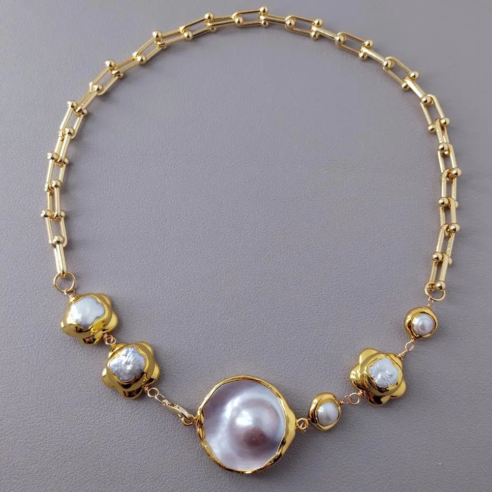

Cultured White Flower Pearl Collar Necklace Gray Mabe Pendant Chain Necklaces