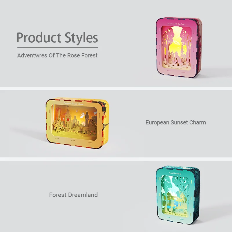 2025 Blocchi di costruzione in legno fai-da-te Scena in stile tramonto europeo Kit modello Luci notturne Decorazioni da scrivania Regali di Natale di compleanno