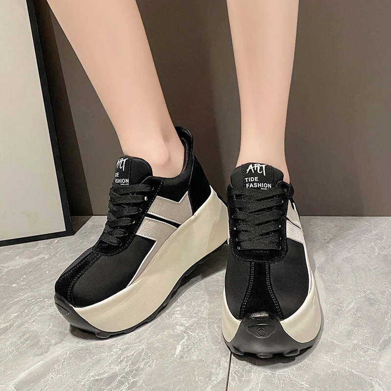 LazySeal buty na platformie kobiety 7.5cm wysokie góry kobiety buty zasznurować wiosna jesień trampki Chunky Sneaker Wedge białe buty na co dzień