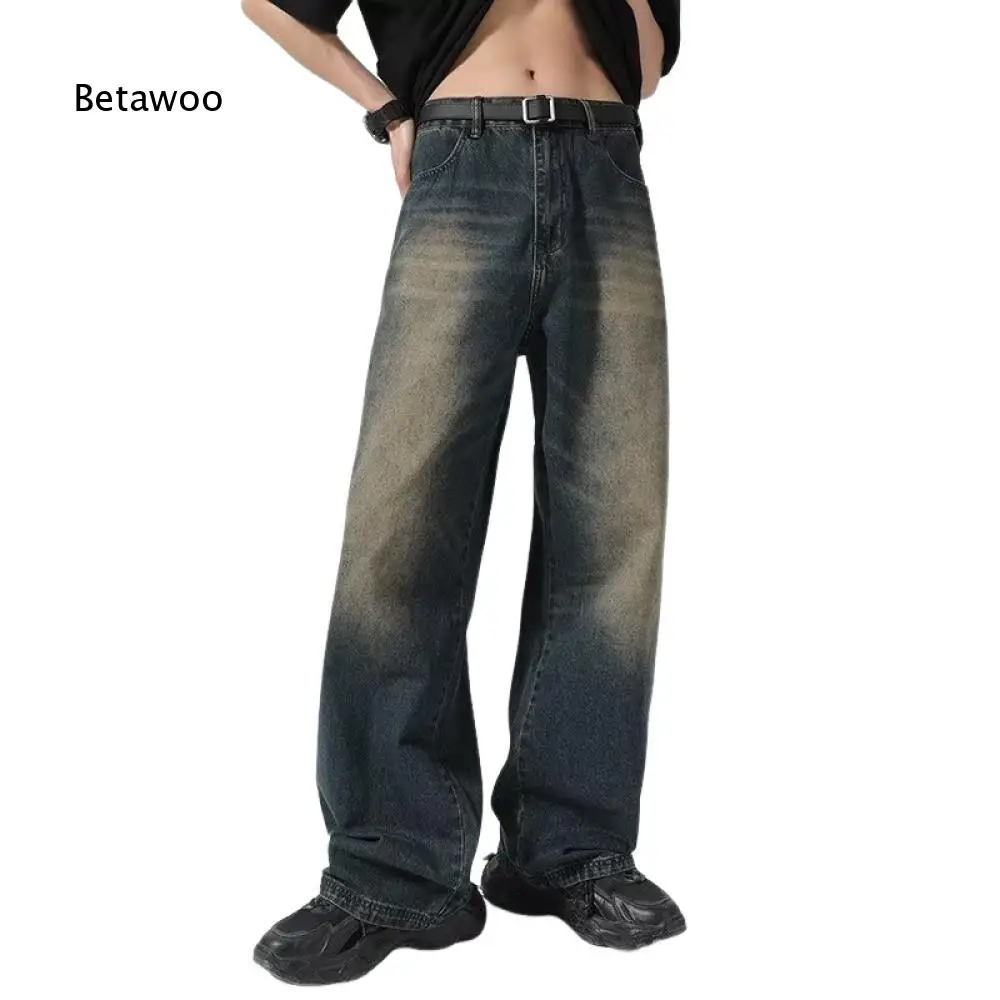 Men Casual Wide Leg Jeans Relaxed Fit Vintage Washed Denim Fabric Trousers To Match Different Tops For Many Occasions