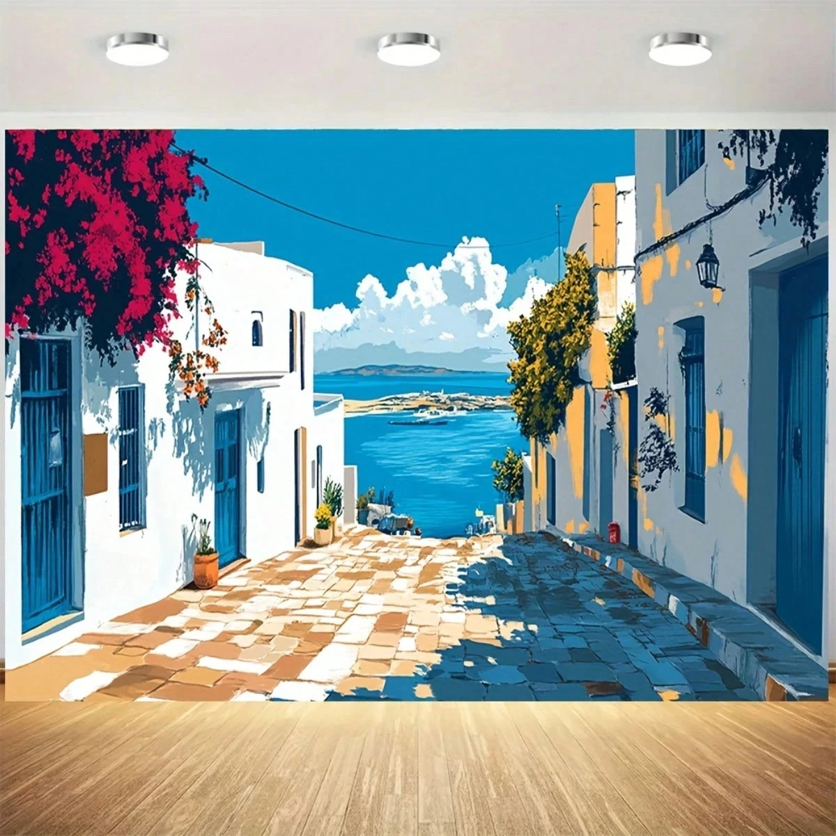 Tapeçaria Estilo Sidi Bou Said Tunisiano, Decoração de Parede com Arquitetura Costeira Mediterrânea, Porta Azul, Rua de Calçada e Mar Egeu