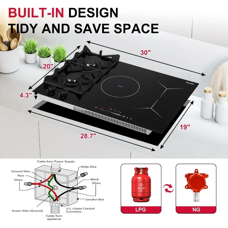 30 Inch Gas Cooktop Mix Induction Cooktop Built-in Gas and Induction Combo 5 Burners Hybird 12000BTU Boost 6700W