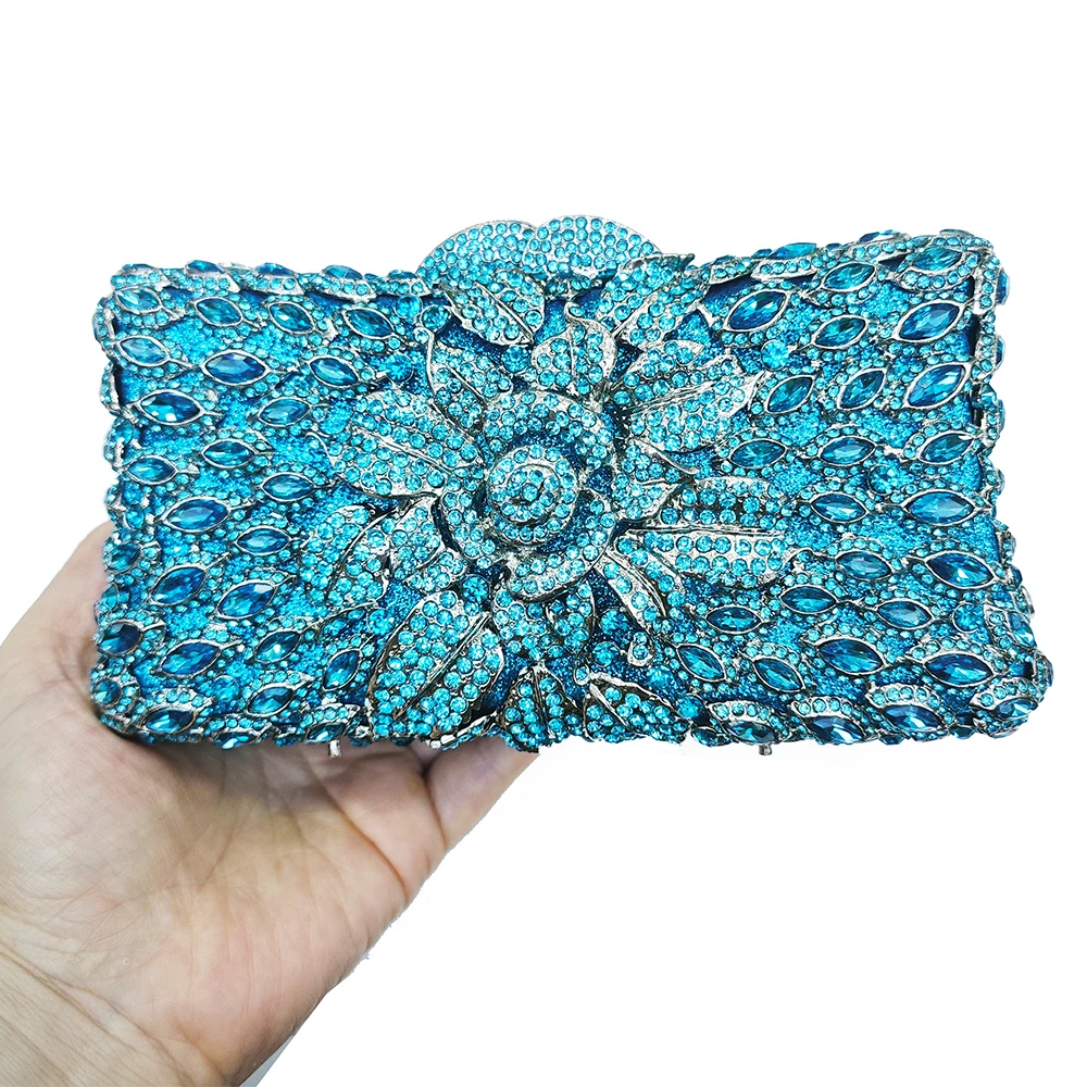 

Sky Blue Crystal Floral Evening Clutch Purse Bags FlowerClutches Party Gemstone Bags Women Luxury Rhinestone Day Clutches
