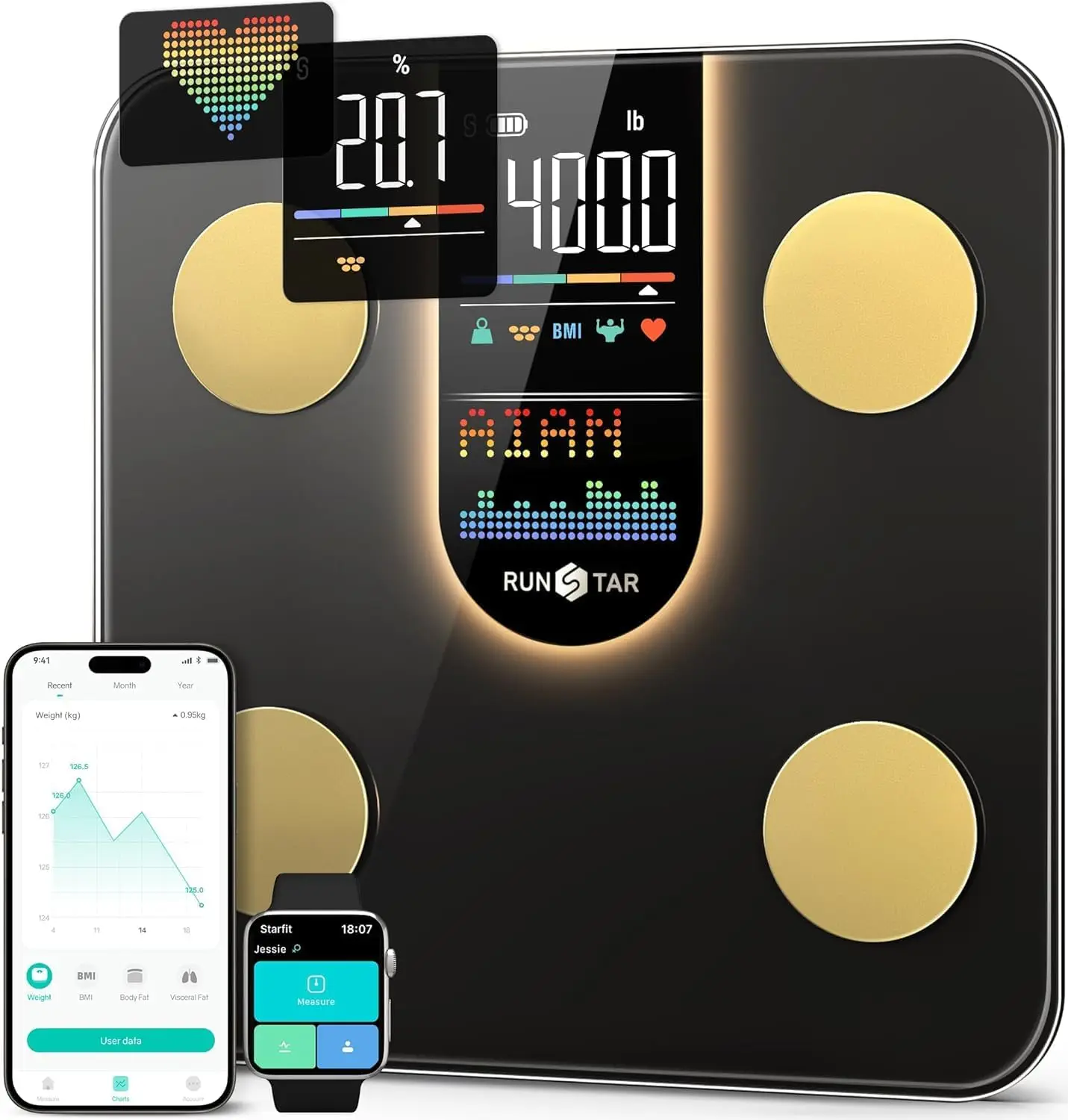 

Smart Body Scale with 8-in-1 Display, Measures Weight BMI Fat Heart Rate, Syncs to Health Apps