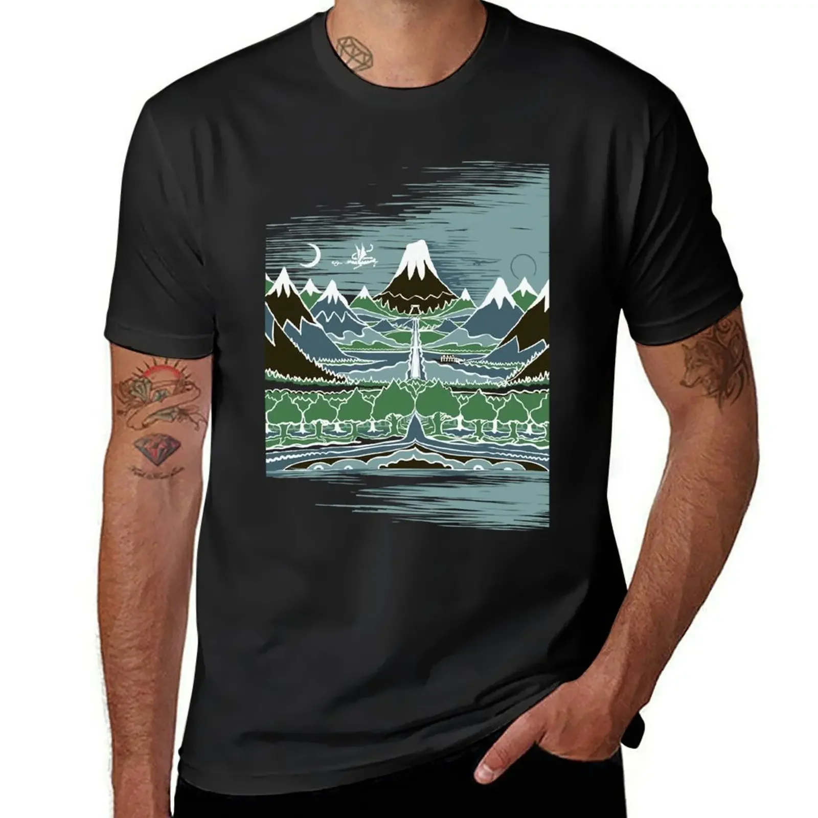 

A Halflings journey on a mountain path through an elven wood in the style T-Shirt sports fans graphics mens t shirt graphic