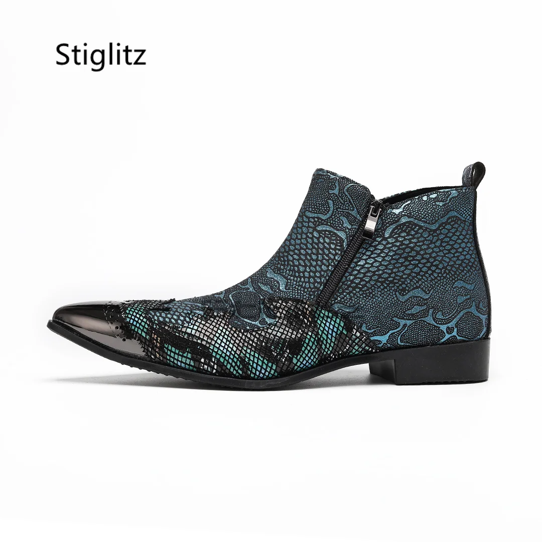 

Men's Blue Prints Ankle Boots Metal Pointed Toe Genuine Leather Chelsea Boots Side Zipper British Handmade Party Shoes for Men