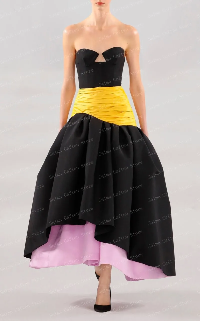 Strapless A-line Women Clothing Ankle Length Dresses For Women 2022 Open Back Black Satin Prom Dress With Zipper