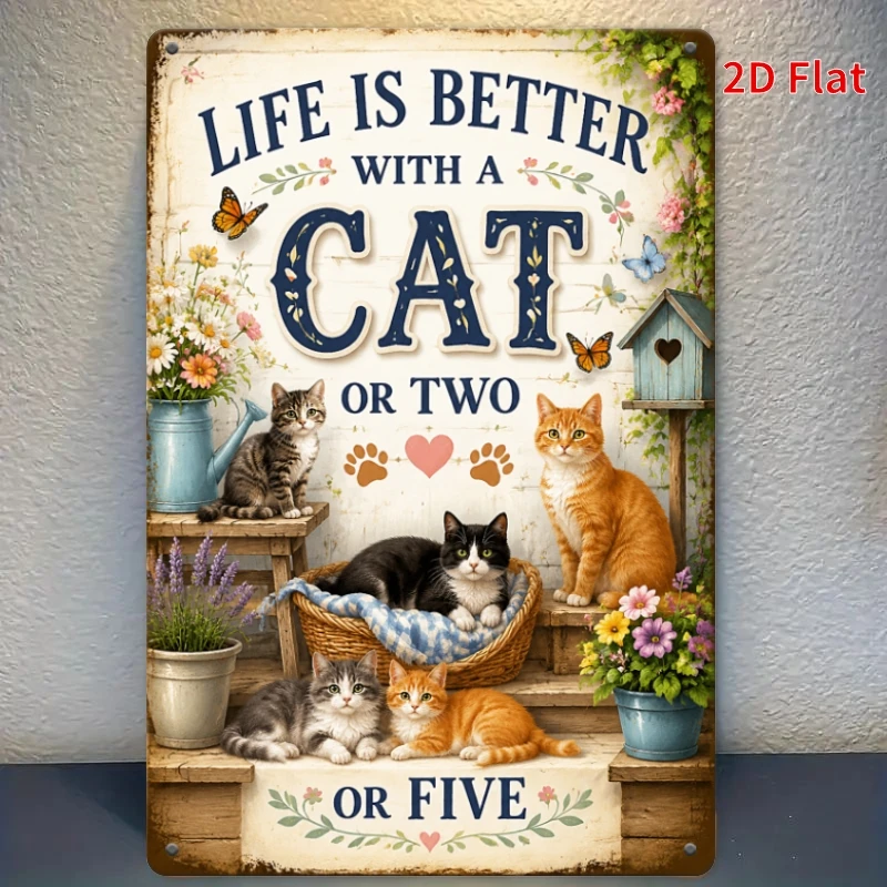 2D Flat, Decorative Sign 2D Flat - [2Dflat], 1pc 11.81X7.87inch- Life Is Better with A Cat Tin Sign, Cat Lover Decorative Signs,