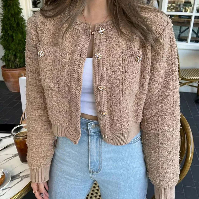 Korean Style Pink Round Neck Cropped Cardigans Women Chic Button Long Sleeve Knitted Coats Woman Elegant Pocket Short Cardigan