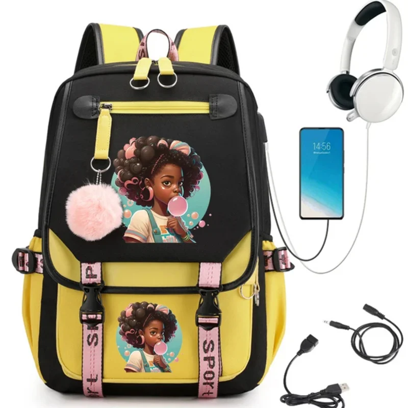 Blowing Bubble Girl Print School Backpack Cute Cartoon School Bag for Student Teens Usb Bookbag Anime Laptop Teenager Backpack