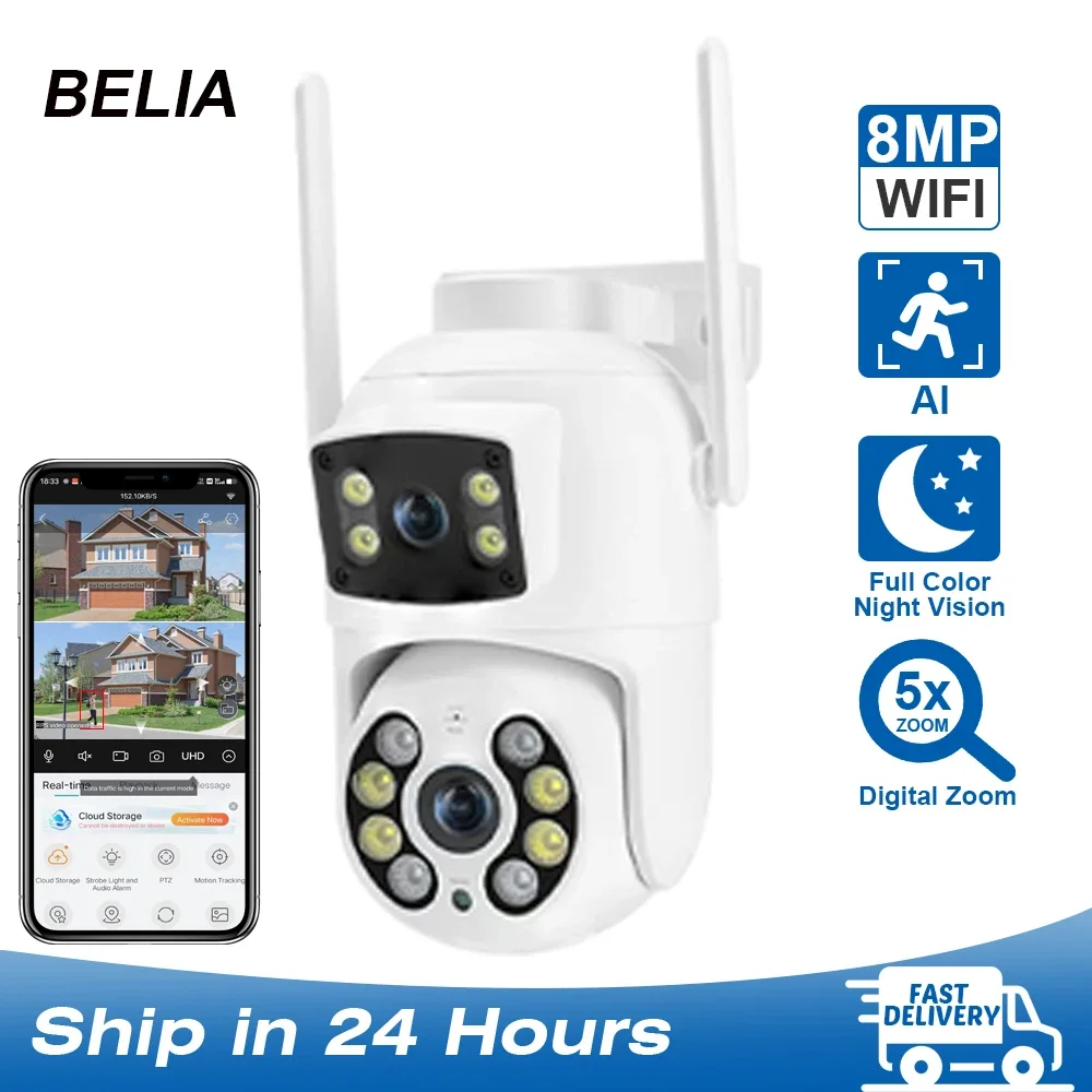 BELIA 8MP 4K PTZ Wifi Camera with Dual Lens Dual Screens 5V AI Human Detection Outdoor CCTV Security IP Camera Ziicam App