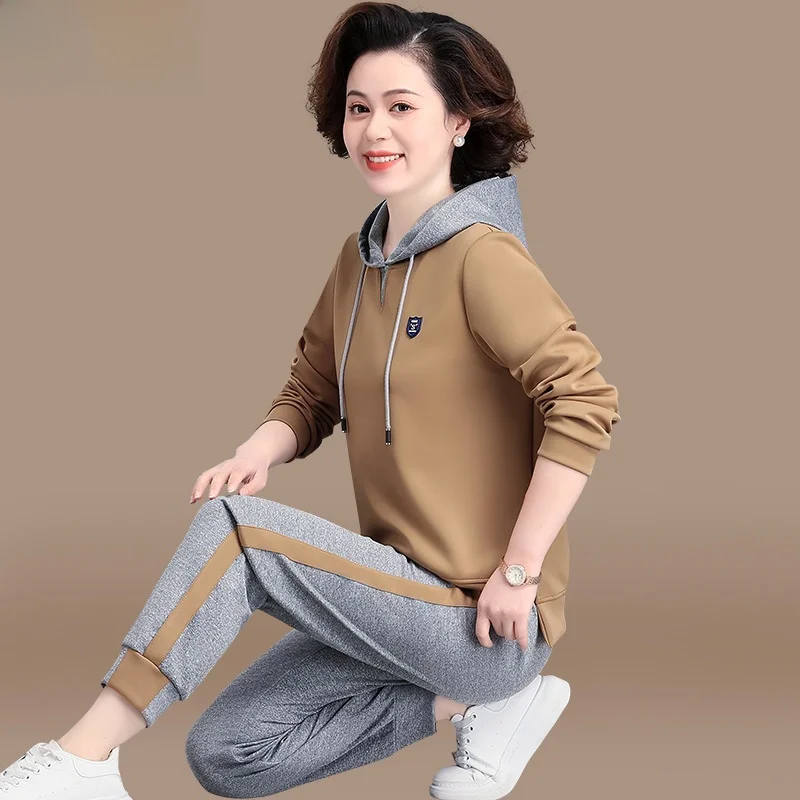 

Casual Sportswear Two-Piece Set for Middle-Aged Women Faionable Hoodie Top And Long Pants Autumn Spring Seasonal Mom Clothes