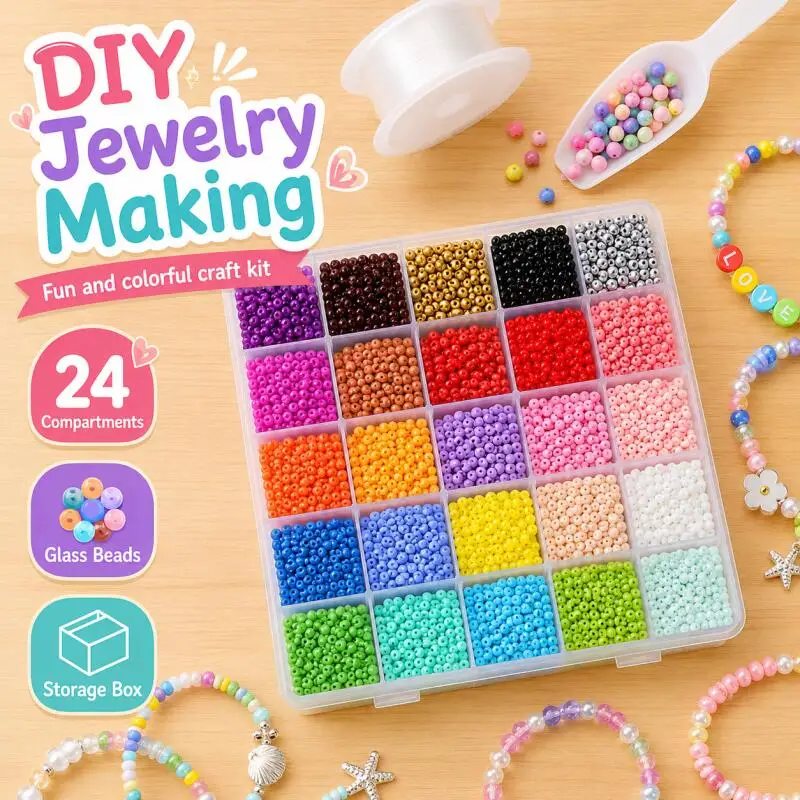 

1 box of 3mm 24-grid rice bead set, colorful and unique loose beads, handmade DIY jewelry, bracelets, earrings, accessory materi