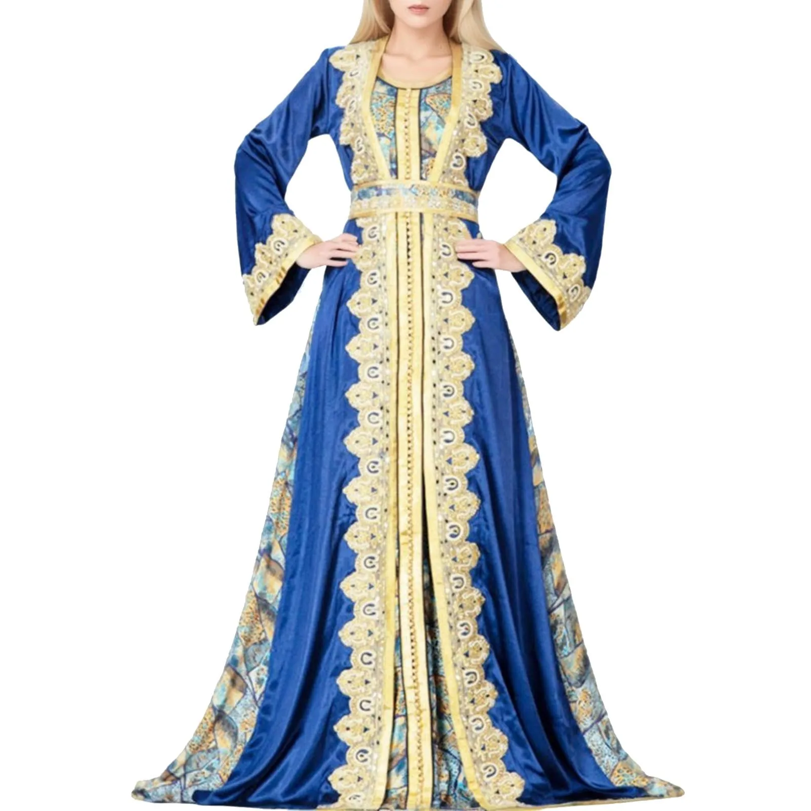 Moroccan Party Kaftan 2 Pieces Muslim Sets Women Dress+Belted Printed Abaya Ramadan Arabic Wedding Evening Dresses Abaya