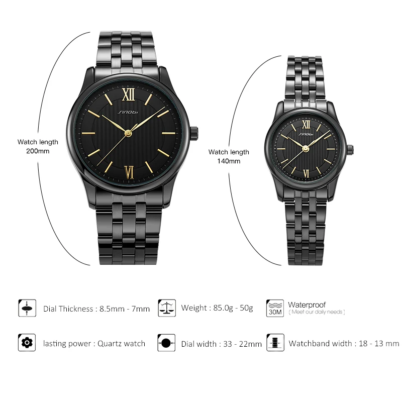 SINOBI Fashion Golden Women Quartz Watches Stainless Steel Strap Watch Female Waterproof Couple Wristwatch Men Lady Clock